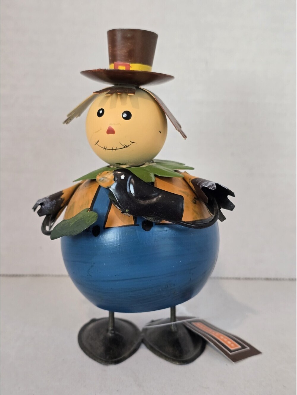 Vtg Autumn Roly Poly Scarecrow Bobble Tin Figurine Fall Shelf  Setter NOS